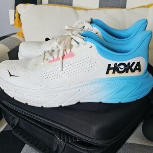 Hoka White Running Shoes with Sky Blue Accents
